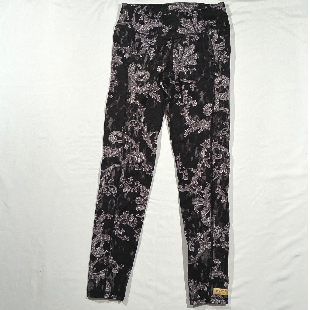 Betsey Johnson Womens Baroque Floral Print Leggings Black‎ Grey Side Pockets